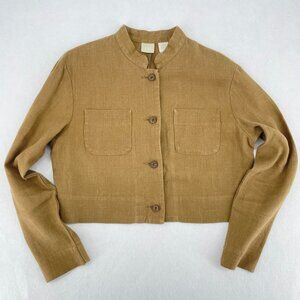 Vintage 90s Gap 100% Linen Cropped Boxy Jacket M Camel Brown Mandarin Collar